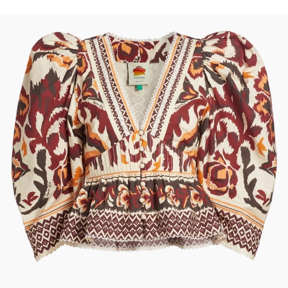 ♥️ FARM Rio Brown and Orange Graphic Peplum Blouse